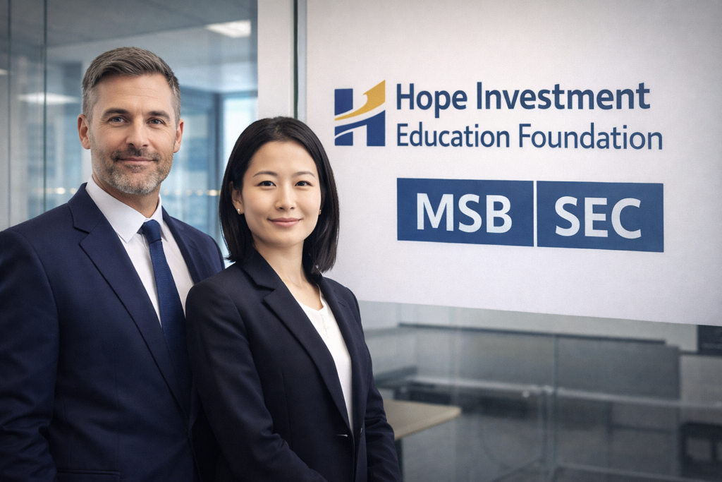 Hope Investment Education Foundation team in a professional office setting with MSB and SEC keywords