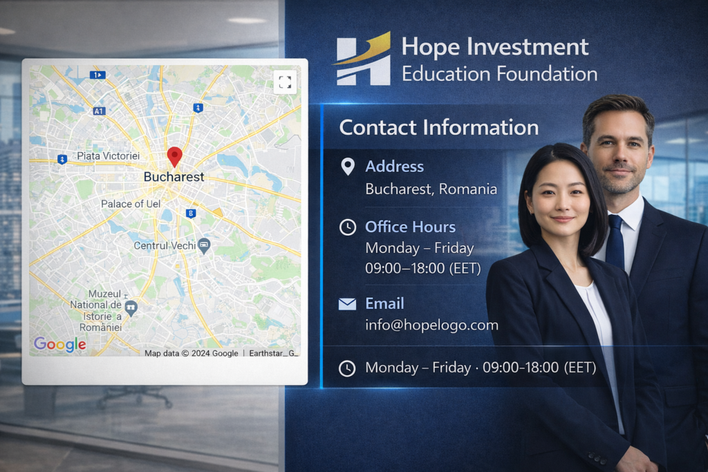 Hope Investment Education Foundation contact section with Bucharest map and corporate office background