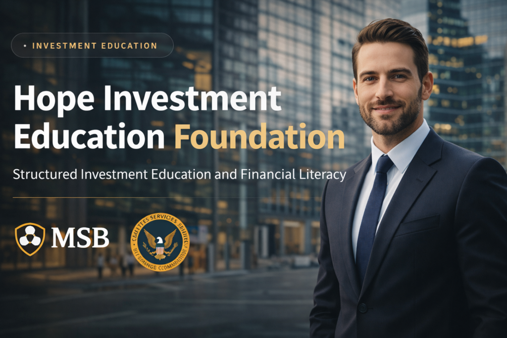 Homepage banner for Hope Investment Education Foundation featuring a professional individual in a modern corporate environment, highlighting structured investment education with MSB and SEC references